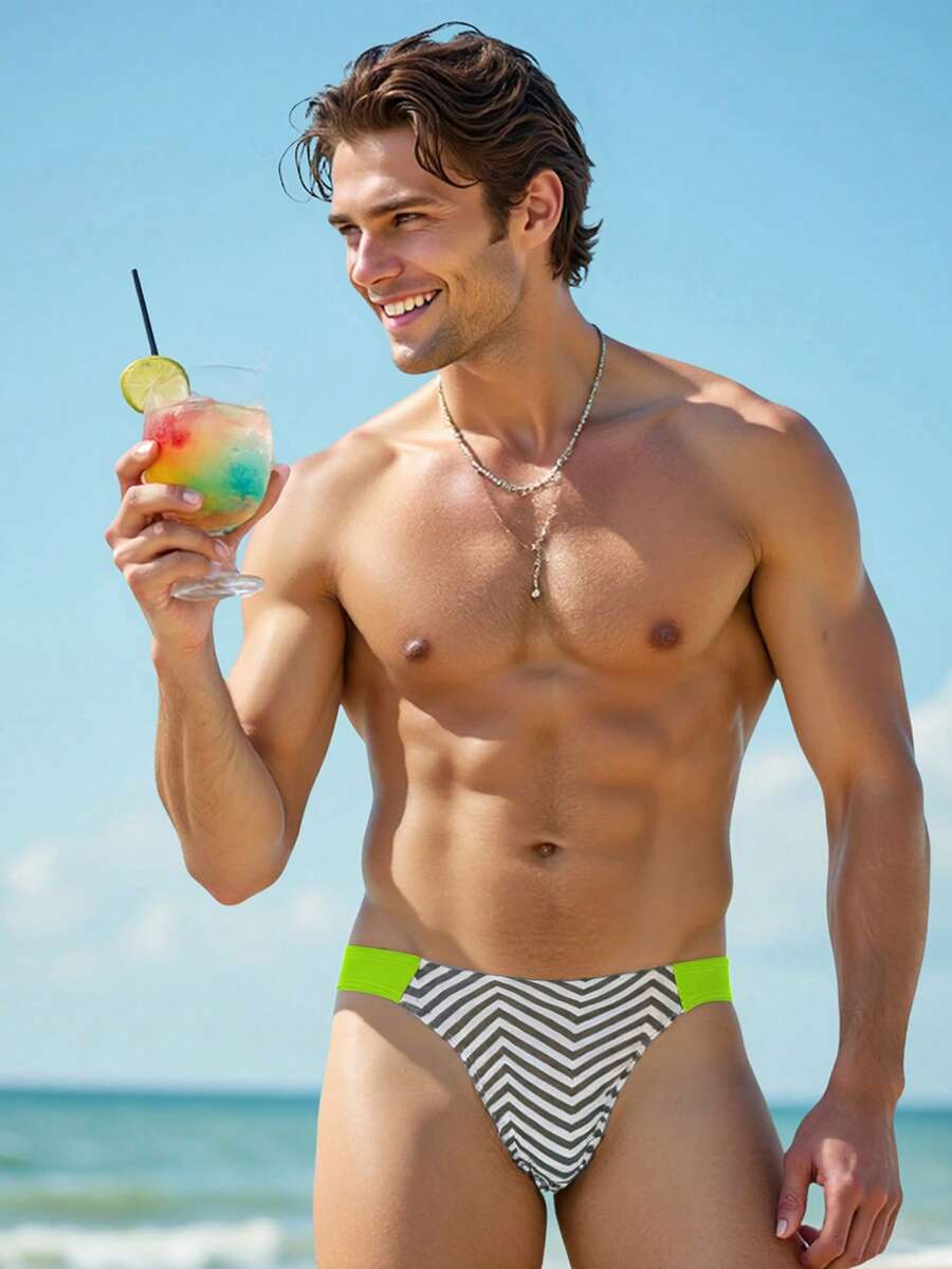 Surfspeed Men's Summer Vacation Beach Zigzag Pattern Triangle Swim Trunks - Green - View 1