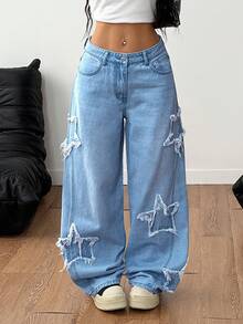 Coolane Quần jeans ống rộng nữ có túi, cài nút, kiểu dáng thường ngày, đa năng, thích hợp mặc hàng ngày. - Rửa trung bình - Xem 1