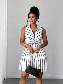 Maweii Plus Size Women's Elegant Casual Slim Fit Slimming Wide Leg Shorts Striped Knit Knot Design Summer Shorts Jumpsuit - Multicolor - View 3