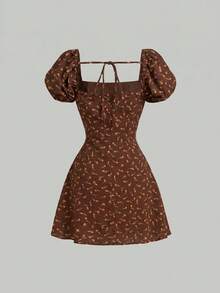 SHEIN MOD Đầm nữ họa tiết hoa nhí cổ vuông tay cánh hoa kiểu dáng thường ngày - Cà phê nâu - Xem 6