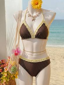 SHEIN Bộ bikini buộc dây cổ, họa tiết chấm bi, viền bèo nhún, thích hợp cho kỳ nghỉ hè trên bãi biển dành cho thiếu nữ. - Nhiều màu - Xem 9
