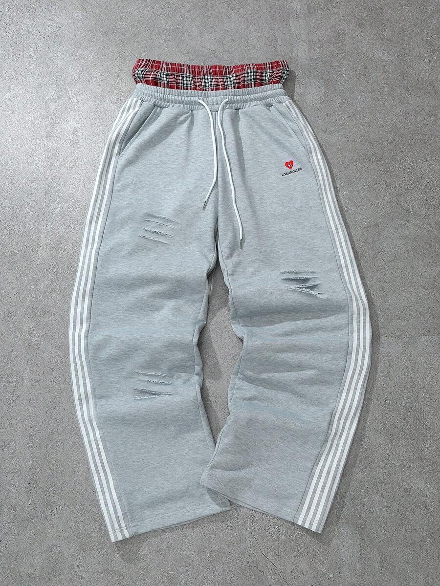 PAVTROS Men's Retro Grey Autumn Streetwear Gym Knit Sweatpants,Elastic Waist Drawstring 2 In 1 Faux Waistband Distressed Ripped Sports Casual Wide Leg Pants - Grey - View 1