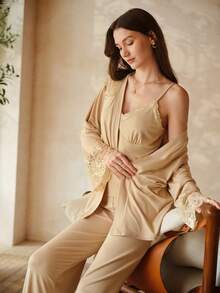 MOTF PREMIUM CONJUNTO DE PIJAMA DE TOP CAMISOLA DE ENCAJE CONTRASTANTE Y PANTALONES PARA MUJER - Caqui - Ver 5