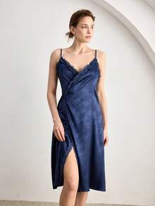 Ocili Satin Jacquard Women Nightgown - Navy Blue - View 6