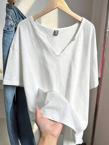 Comfortcana 大码春夏服装，复古水洗宽松短袖V领T恤，纯棉面料，春夏款 - 白色 - 查看 1