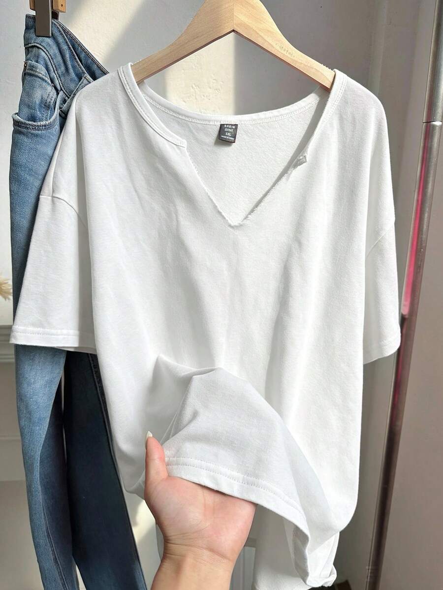 Comfortcana 大码春夏服装,复古水洗宽松短袖V领T恤,纯棉面料,春夏款 - 白色 - 查看 1