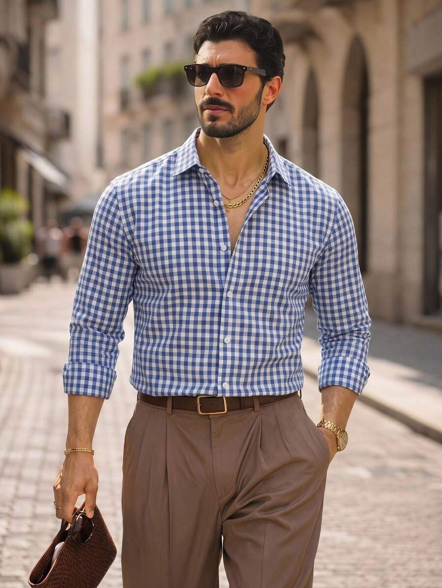 Manfinity VCAY 1pc Men's Casual Single-Breasted Plaid Woven Shirt, Suitable For Commuting, Autumn, Fall, Long Sleeve Top - Blue - View 1