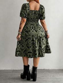 Whyspr Y2K Gothic Butterfly & Skull Print Plus Size Waist Cinched A-Line Ruffle Hem Short Sleeve Dress - Army Green - View 2