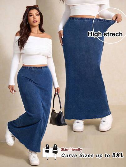 SHEIN CURVE+ Falda maxi de mezclilla de gran elasticidad talla grande CURVE+, faldas casuales de uso diario y de calle para mujeres
