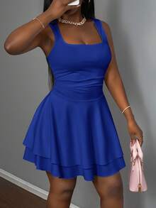 Slaydiva Women's Casual Basic Sweet Ruched Square Neck Sleeveless Top & A-Line Short Dress Set, Summer,Dresses For Women Summer - Teal Blue - View 3
