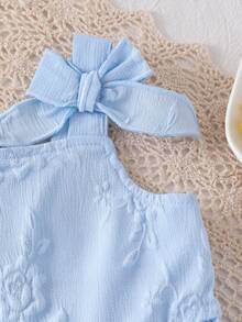SHEIN 2件套女婴幼儿/新生儿0-3岁春夏休闲可爱度假蓝色花卉提花蝴蝶结装饰吊带背心+短裤套装，时尚设计 - 藍色 - 查看 3