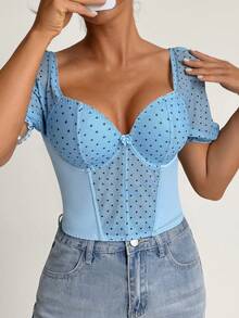 Myrelith 1pc Romantic Polka Dot Puff Sleeve Underwire Bustier Top - Blue - View 4