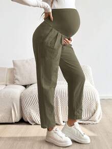 SHEIN Maternity Solid Color Slant Pocket Pleated High Waist Casual Pants Fall - Army Green - View 6