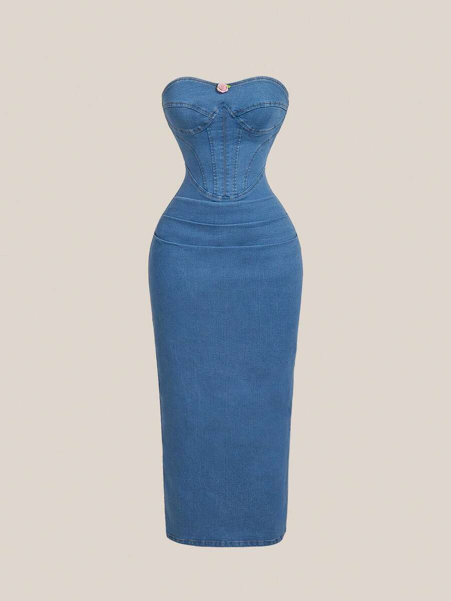 SHEIN MOD فستان كاجوال مناسب من الجينز للصيف للنساء - الأزرق - مشاهدة 1