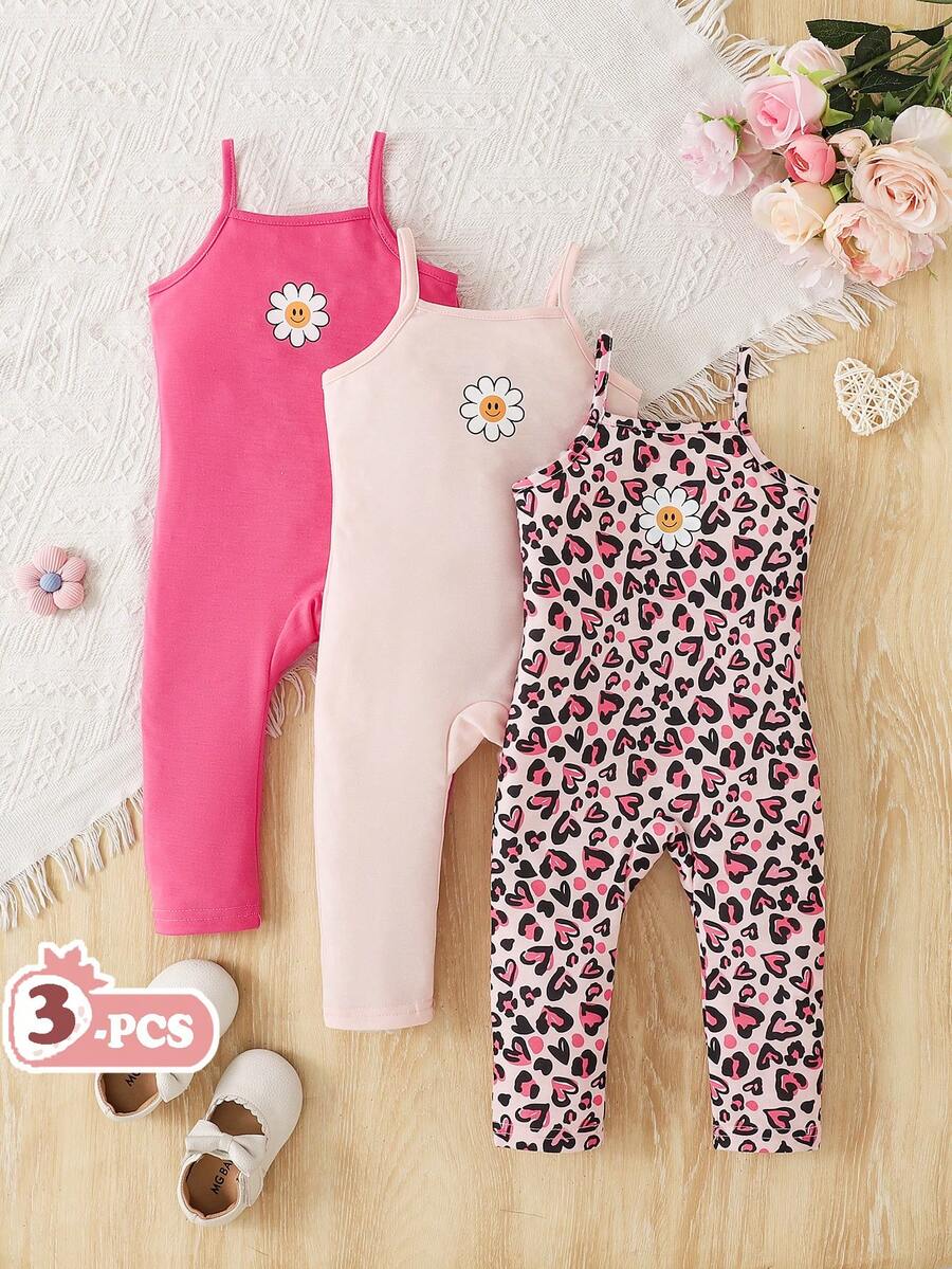 Elladie kids Bộ áo hai dây và quần skinny thoải mái, dễ phối đồ cho mẹ và chị gái, màu đen + xám tro + họa tiết da báo. - Hồng - Xem 1