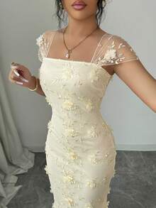 Elenzga 女款白色花卉夏季優雅度假婚禮賓客刺繡網紗抓皺腰身中長洋裝，適合婚禮季節 Zeya Zanzea - 杏色 - 查看 3