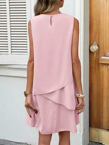 SHEIN LUNE Women's Casual Solid Color Round Neck Sleeveless Ruffle Hem Dress,Dresses For Women Summer - Dusty Pink - View 2