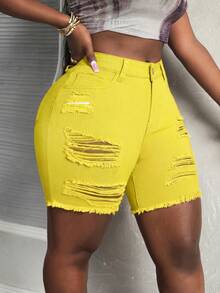 Slaydiva Plus Size Summer Fashion Solid Color Distressed Frayed Hem Skinny Denim Shorts - Yellow - View 8