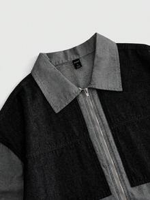 ROMWE MEN Áo sơ mi denim tay ngắn nam, hai túi, phối màu tương phản, có khóa kéo. - Xám - Xem 2