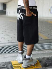 Manfinity Roghcode American Street Style Streetwear Letter Embroidery Washed Black Loose Denim Shorts Holiday Summer - Black - View 4