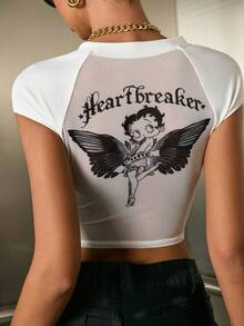 Betty Boop x SHEIN Women's Round Neck Capped Sleeve Cropped T-Shirt, - White - View 9