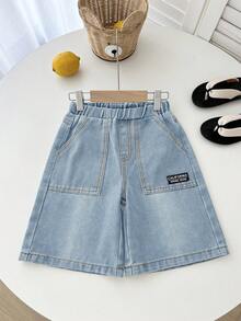 SHEIN Pantalones cortos de niño joven de mezclilla azul - Lavado ligero - Ver 4