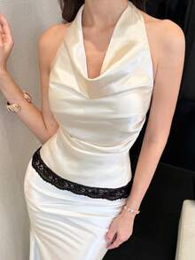 Modelyn Apricot Cowl Neck Ruched Lace Trim Backless Tie Strap Elegant Sexy Halter Minimalist Sexy Tank Top - Apricot - View 6