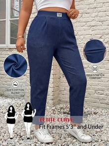 SHEIN PETITE CURVE 大码休闲简约印花口袋裤，适合日常穿着、春季、情人节、毕业典礼、通勤、上学、聚会、休闲和正式场合。 - 藍色 - 查看 5