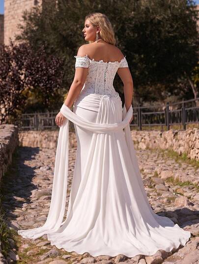 Glamrae Plus Size Elegant Romantic Luxurious White Beaded Lace Patchwork Satin Ruffle Trim Fitted Mermaid Hem Backless Bridal Wedding Dress, Suitable For Evening Gala, Party, Ball, Wedding