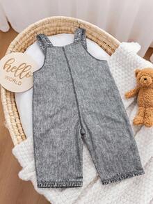 SHEIN Bộ áo liền quần cho bé gái chất liệu denim, in hình bướm, trái tim và chữ cái. - Xám - Xem 3