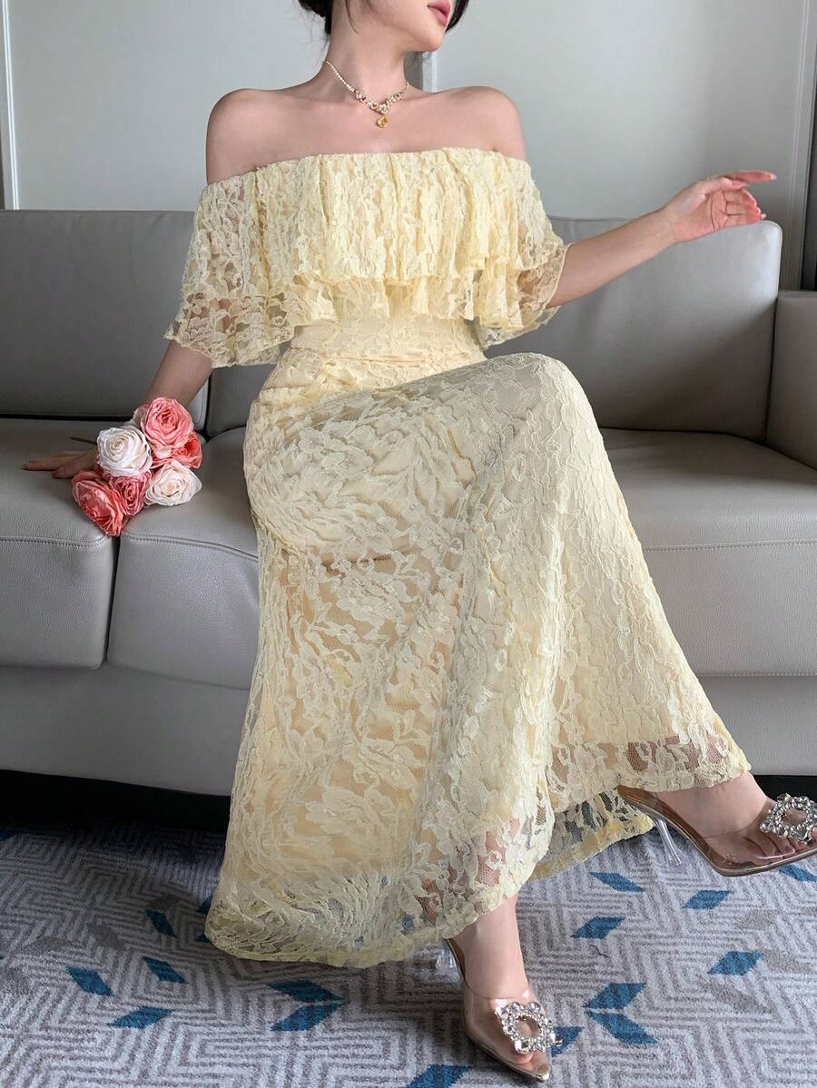 DAZY Spring Summer Hollow Lace Ruffle Casual Vacation Style Beach Elegant Commute Yellow Women's Mid-Length Dress Sundress - Yellow - View 1