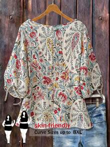 SHEIN CURVE+ Plus Size Ditsy Floral Loose Short Sleeve Shirt, Retro & Gentle - Multicolor - View 2