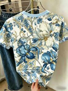 Resyla Women's Casual Floral Print Round Neck Short Sleeve T-Shirt, Versatile For Daily Wear - Multicolor - View 2