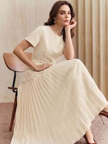 Anewsta New Elegant Round Neck Short Sleeve Dress With Ruffle Hem Design, Beige Color, Comes With A Matching Belt Tea Party Summer - Apricot - View 2