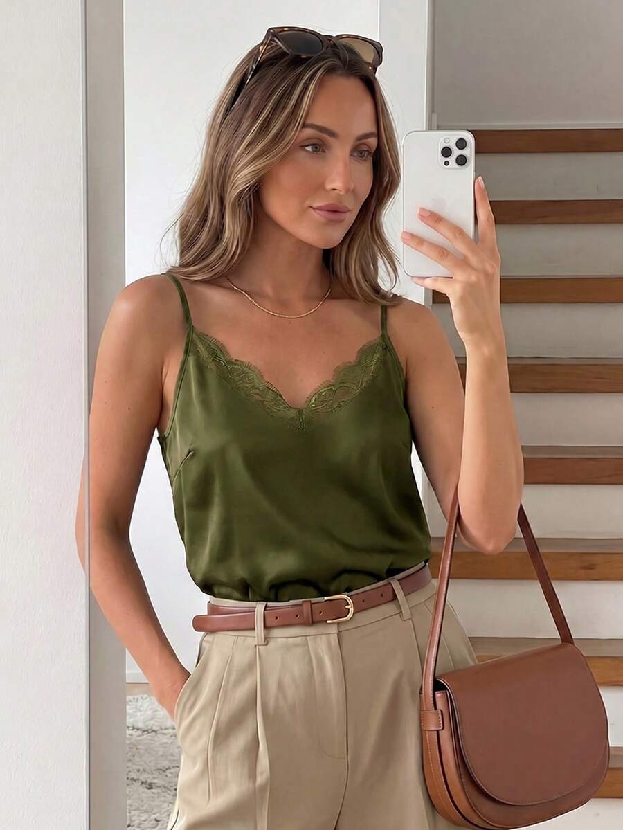 Easowa Atasan Wanita Model Camisole dengan Renda Kontras Warna Polos, Atasan Musim Panas - Olive Green - View 1