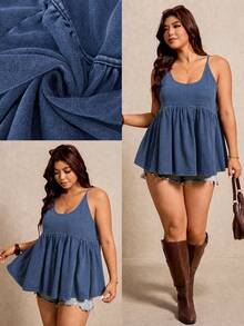 Elaquor Áo hai dây cỡ lớn dành cho nữ, in họa tiết giả denim, viền bèo nhún. - Xanh đậm - Xem 1