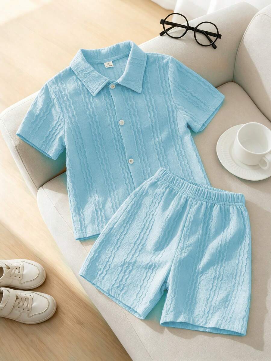 SHEIN 2件組男孩紋理條紋短袖上衣與短褲套裝,適合休閒日常穿著、戶外、學校、夏季 - 藍色 - 查看 1