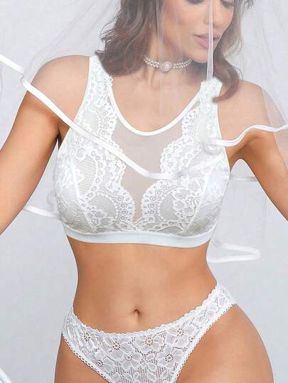 Crystal Vow 1pc Lace Patchwork Sheer Wireless Bra For Women