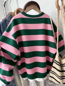 Franclia Áo sweatshirt nữ cỡ lớn dáng rộng kẻ sọc xanh hồng cổ tròn, thích hợp cho dịp Giáng sinh. - Nhiều màu - Xem 3