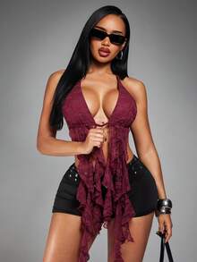 Radiana Women's Sexy Multi-Layer Lace Ruffle Deep V Neck Backless Halter Top, Suitable For Shopping, Gathering, Vacation, Beach, Date, Music Festival, Party - Burgundy - View 7