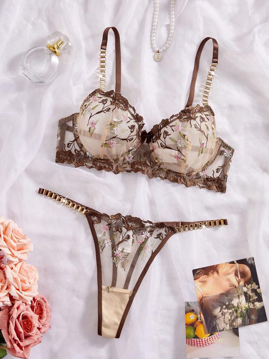 SHEIN Esselle 女士花卉刺绣可调节肩带文胸和内裤休闲日常内衣套装 - 咖啡棕 - 查看 1