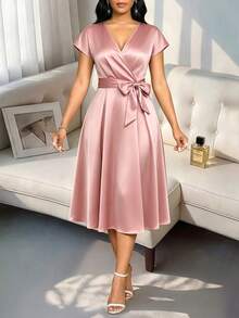 SHEIN Lady Đầm hồng thanh lịch cổ chữ V chéo tay ngắn dành cho nữ - Hồng - Xem 5