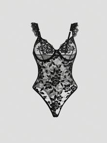 DAZY 女士时尚花卉蕾丝荷叶边性感连体裤 - 黑色 - 查看 3