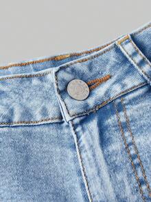 Sweetra Shorts de mezclilla elegantes para mujer con ribete de encaje - Azul - Ver 3