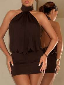 SHEIN ICON High Neck Backless Ruched Bodycon Mini Dress,Dresses For Women Summer - Coffee Brown - View 5