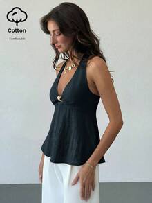 Aloruh Women's Linen Metal Decor Waist A-Line Shirt, Spring/Summer,Summer Top - Navy Blue - View 4