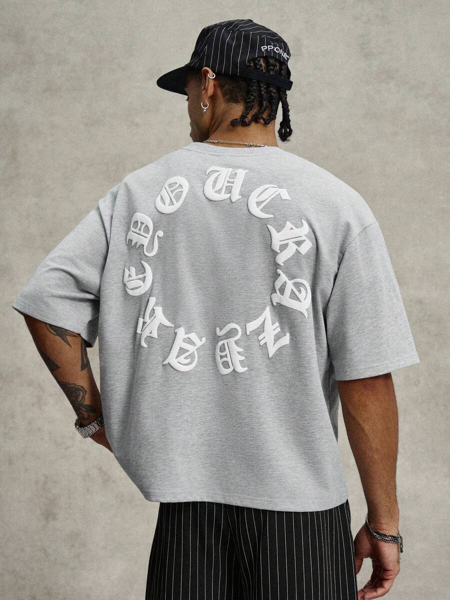 PAVTROS Men's Casual Fashion Street Daily Commute Letter Embossed Dropped Shoulder Loose T-Shirt, Summer - Grey - View 1