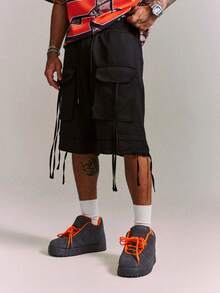 CRAVYNX Loose Fit Men's Cargo Shorts With Flap Pockets And Drawstring Waist - Black - View 5