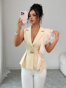 SHEIN Elenzya Áo blazer nữ cổ chữ V sâu, ve áo xếp nếp, kiểu dáng thường ngày, đa năng, thích hợp đi làm. - Màu be - Xem 8