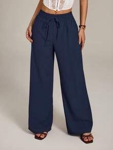 SHEIN PETITE Women Solid Color Tie Waist Straight Loose Casual Pants Winter Blue Spring - Navy Blue - View 8